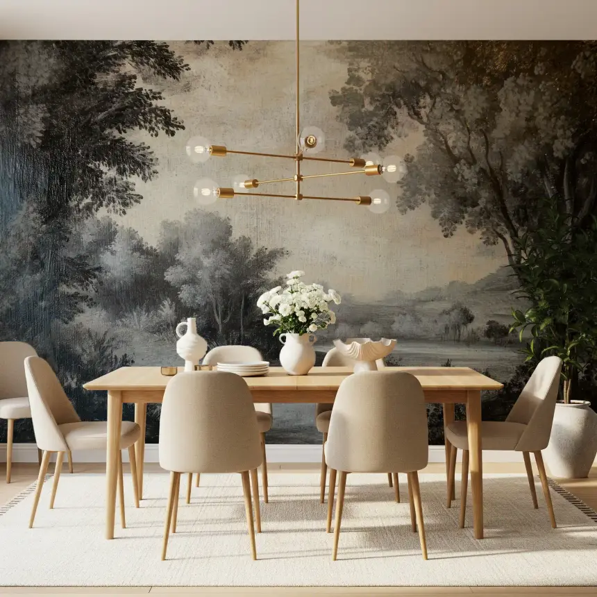 Monochrome Lakeside Vista Wall Mural