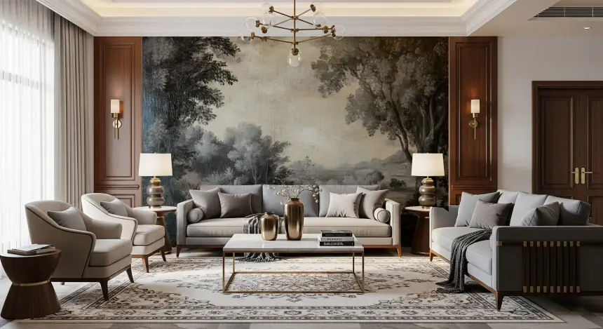Monochrome Lakeside Vista Wall Mural