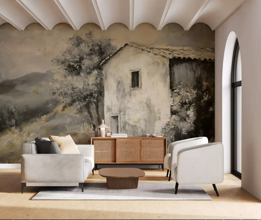 Rustic Retreat: Painterly Landscape Wall Mural