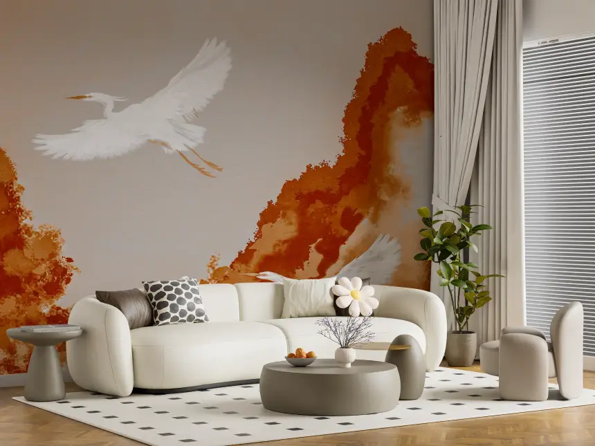 Ochre Horizon Cranes Flying Joseon Era Inspired Watercolor Landscape Wall Mural