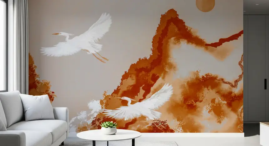 Ochre Horizon Cranes Flying Joseon Era Inspired Watercolor Landscape Wall Mural