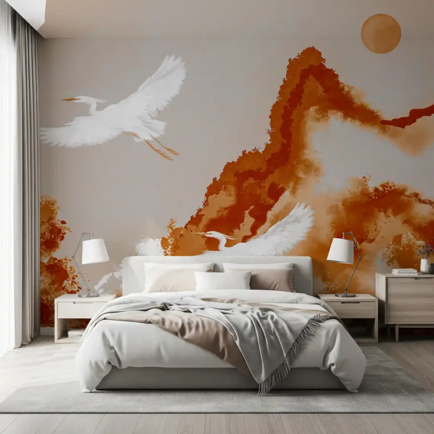 Ochre Horizon Cranes Flying Joseon Era Inspired Watercolor Landscape Wall Mural