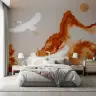 Serene Flying Cranes Ochre Landscape Wall Mural 6