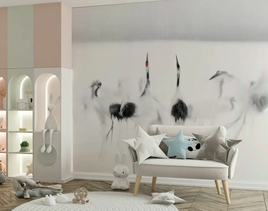 Crane Dance in White Wall Mural -2208006
