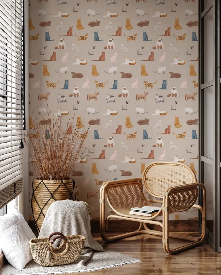 Curious Cats in Beige Wallpaper