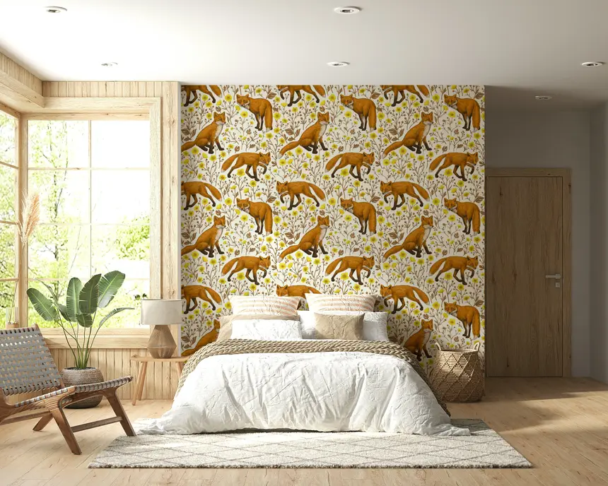 Foxes and Buttercups on Natural White Wallpaper