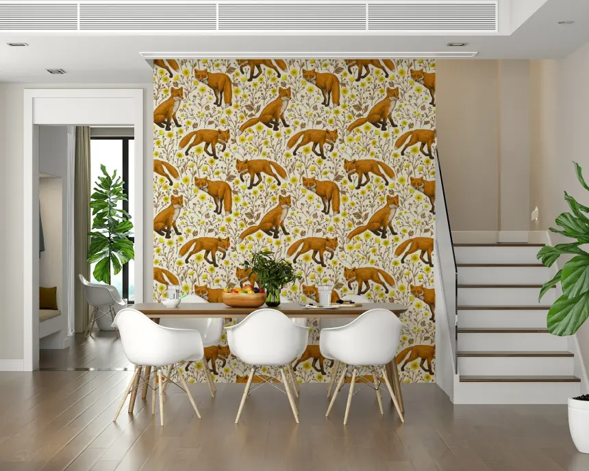 Foxes and Buttercups on Natural White Wallpaper