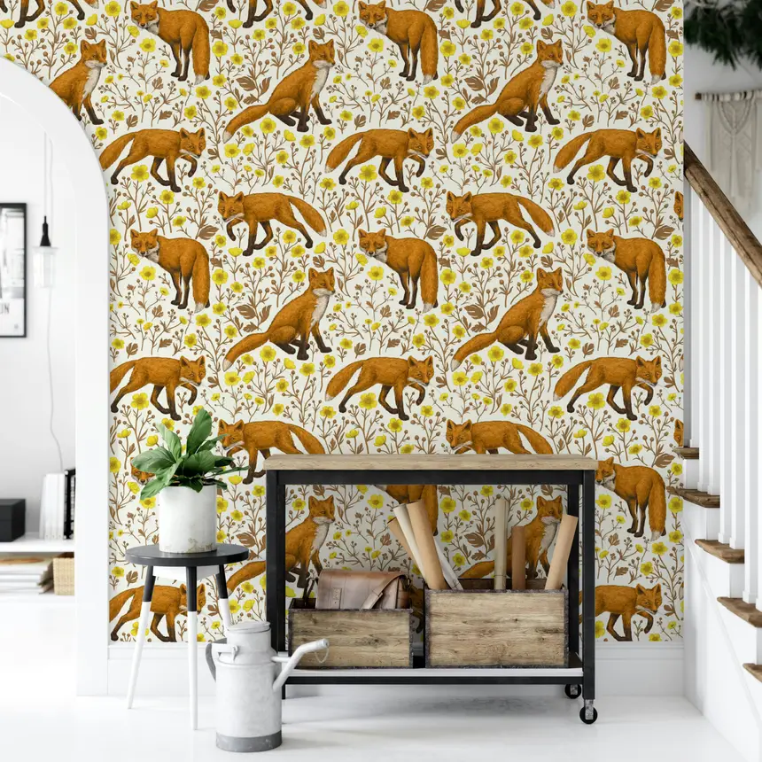 Foxes and Buttercups on Natural White Wallpaper