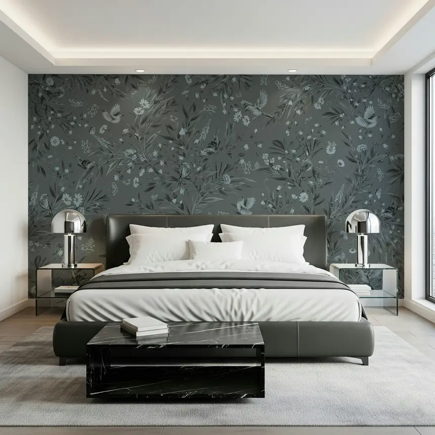 Grey Floral Aviary Wall Mural