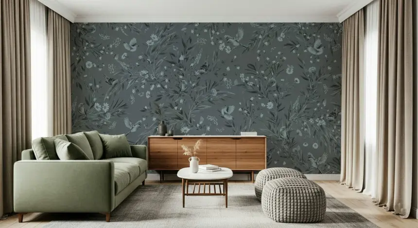 Grey Floral Aviary Wall Mural