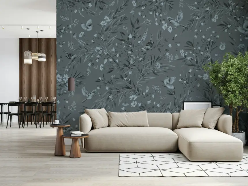Grey Floral Aviary Wall Mural