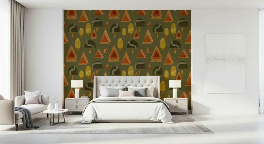 Retro Woodland Tapestry - Olive & Blush Mid Century Trees Wallpaper