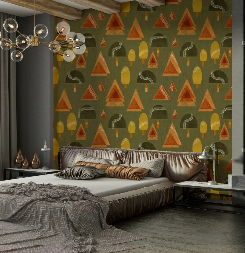 Retro Woodland Tapestry - Olive & Blush Mid Century Trees Wallpaper