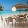 White Sand Turquoise Water Straw Umbrella Beach Wallpaper 6