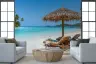 White Sand Turquoise Water Straw Umbrella Beach Wallpaper 7