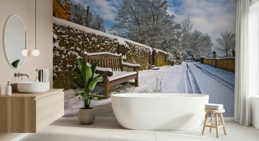 Snowy Bench Retreat Wall Mural