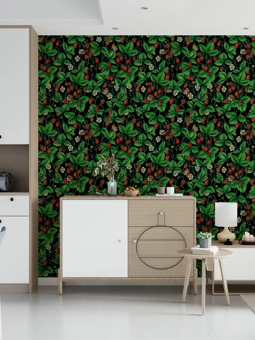 Wild Roses and Butterflies /Pink/Pale Green/Yellow/Off White Wallpaper