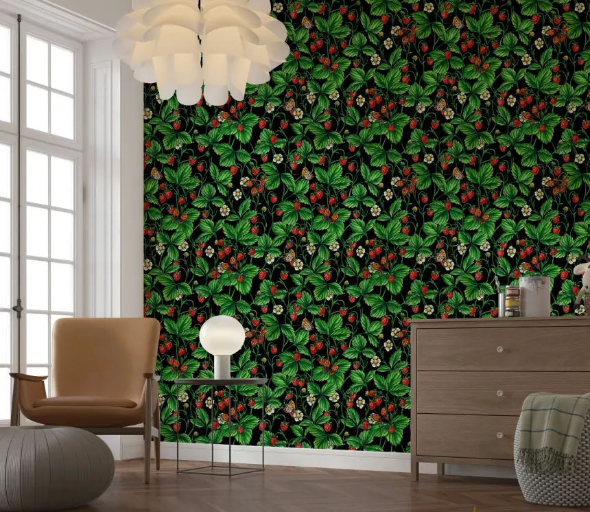 Wild Roses and Butterflies /Pink/Pale Green/Yellow/Off White Wallpaper
