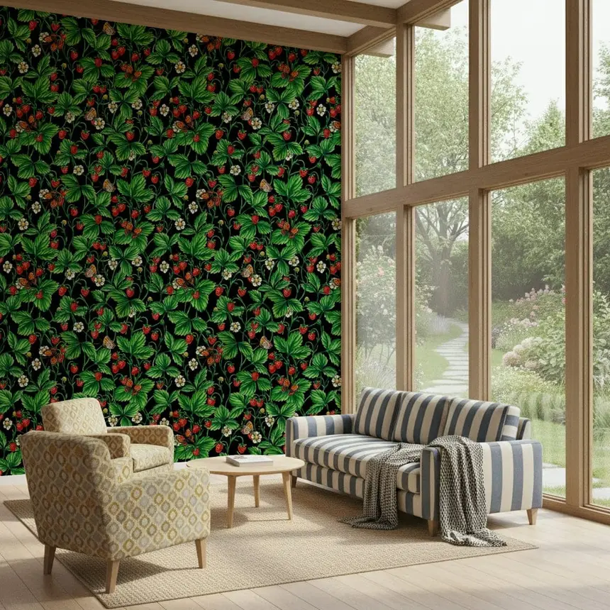 Wild Roses and Butterflies /Pink/Pale Green/Yellow/Off White Wallpaper