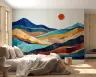 Teal Ochre Terracotta Layered Hills Sun Abstract Wallpaper 6