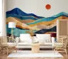 Teal Ochre Terracotta Layered Hills Sun Abstract Wallpaper 8