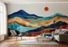 Teal Ochre Terracotta Layered Hills Sun Abstract Wallpaper 7