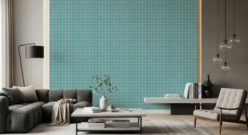 Teal Linen Grid Wallpaper