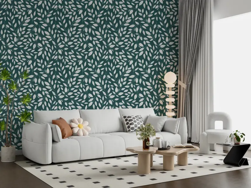 White Vines on Teal Wallpaper
