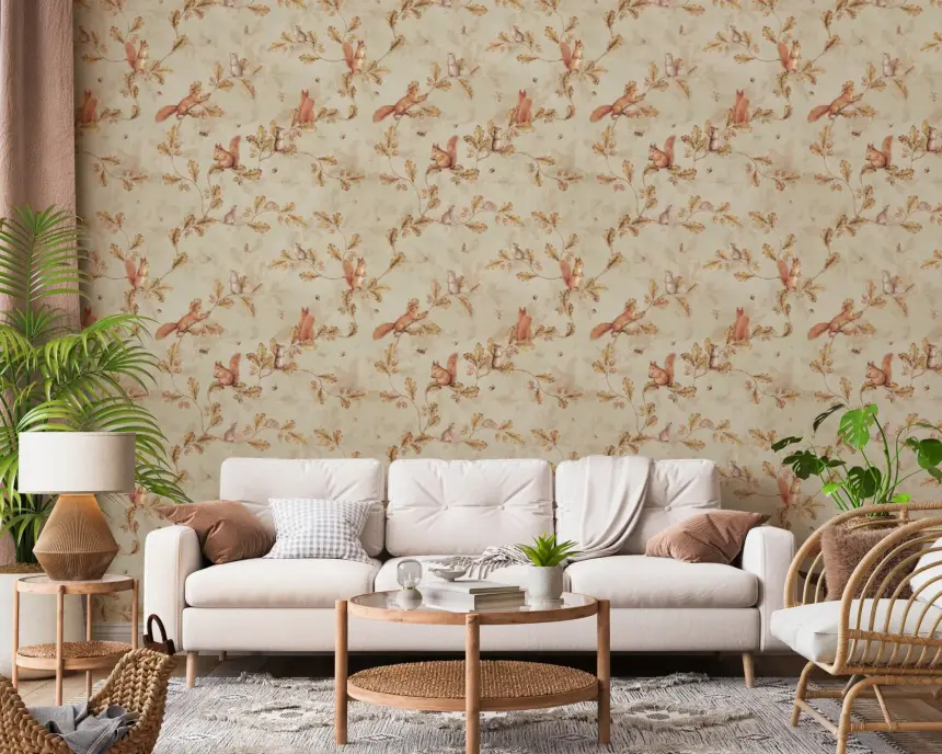 18TH Rococo Forest Chinoiserie with Squirrels and Mice on Oak Tree Branches Beige Wallpaper