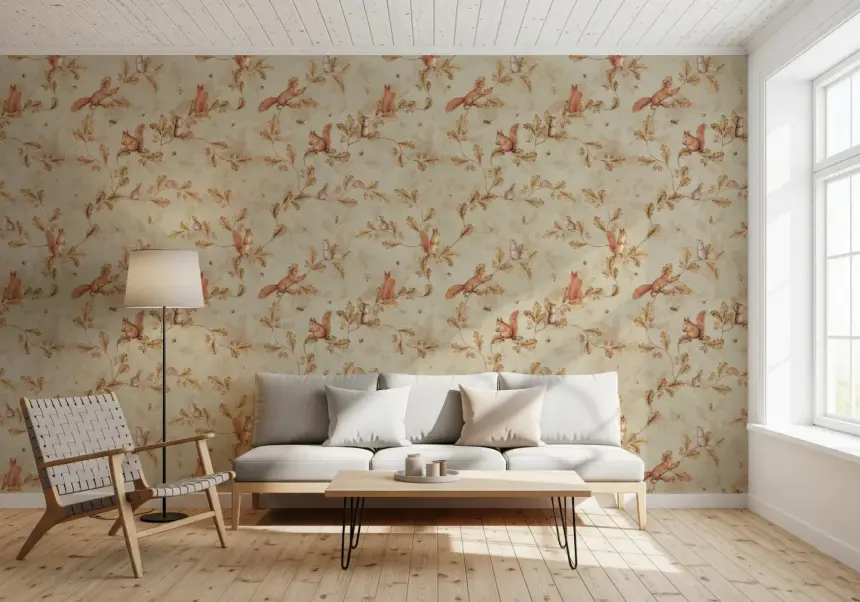 18TH Rococo Forest Chinoiserie with Squirrels and Mice on Oak Tree Branches Beige Wallpaper