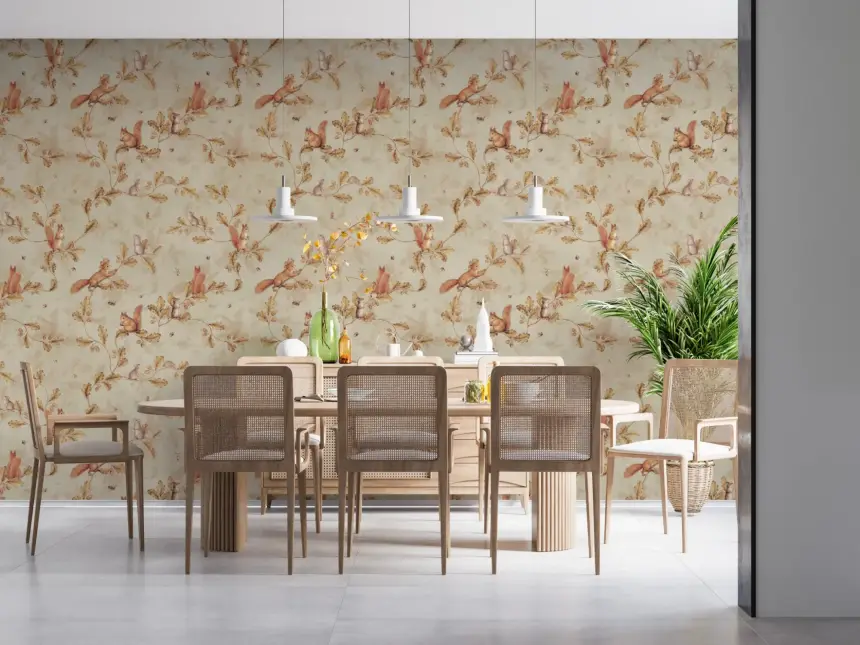 18TH Rococo Forest Chinoiserie with Squirrels and Mice on Oak Tree Branches Beige Wallpaper