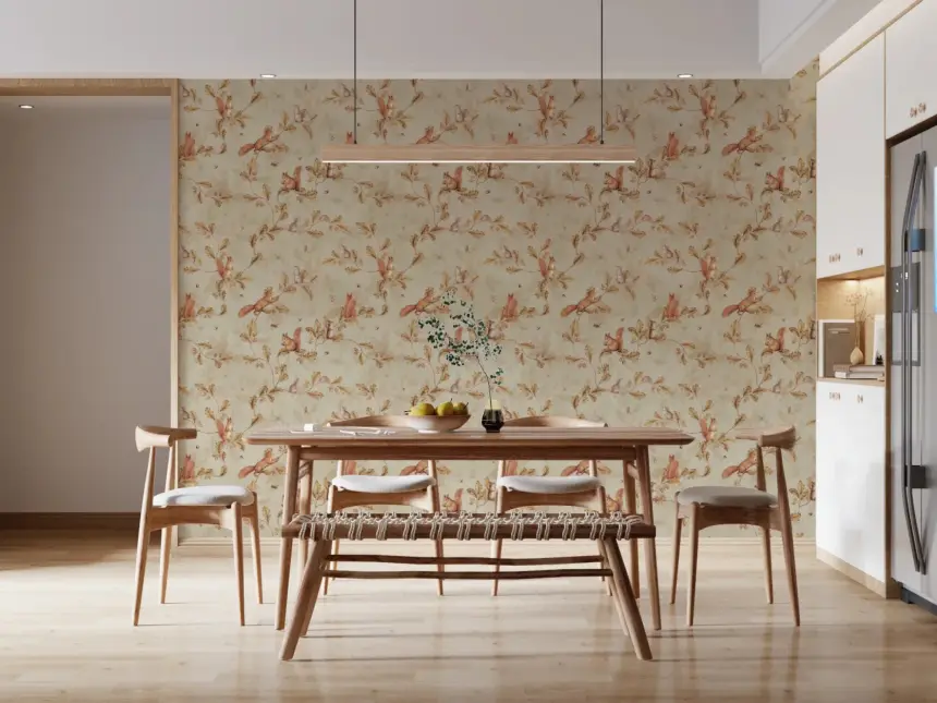 18TH Rococo Forest Chinoiserie with Squirrels and Mice on Oak Tree Branches Beige Wallpaper