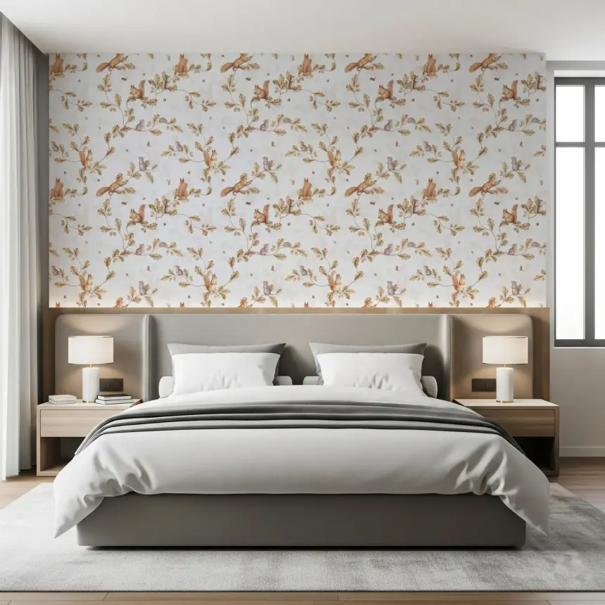 18TH Rococo Forest Chinoiserie with Squirrels and Mice on Oak Tree Branches Off White Wallpaper