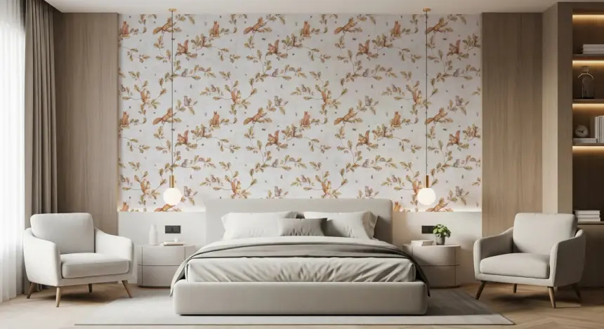 18TH Rococo Forest Chinoiserie with Squirrels and Mice on Oak Tree Branches Off White Wallpaper
