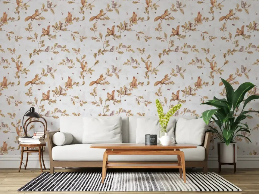 18TH Rococo Forest Chinoiserie with Squirrels and Mice on Oak Tree Branches Off White Wallpaper