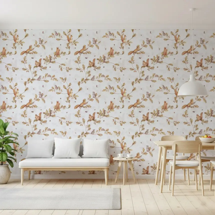 18TH Rococo Forest Chinoiserie with Squirrels and Mice on Oak Tree Branches Off White Wallpaper