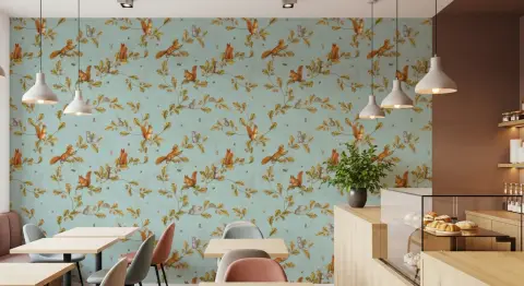 Squirrel and Oak Leaf Pattern Wallpaper