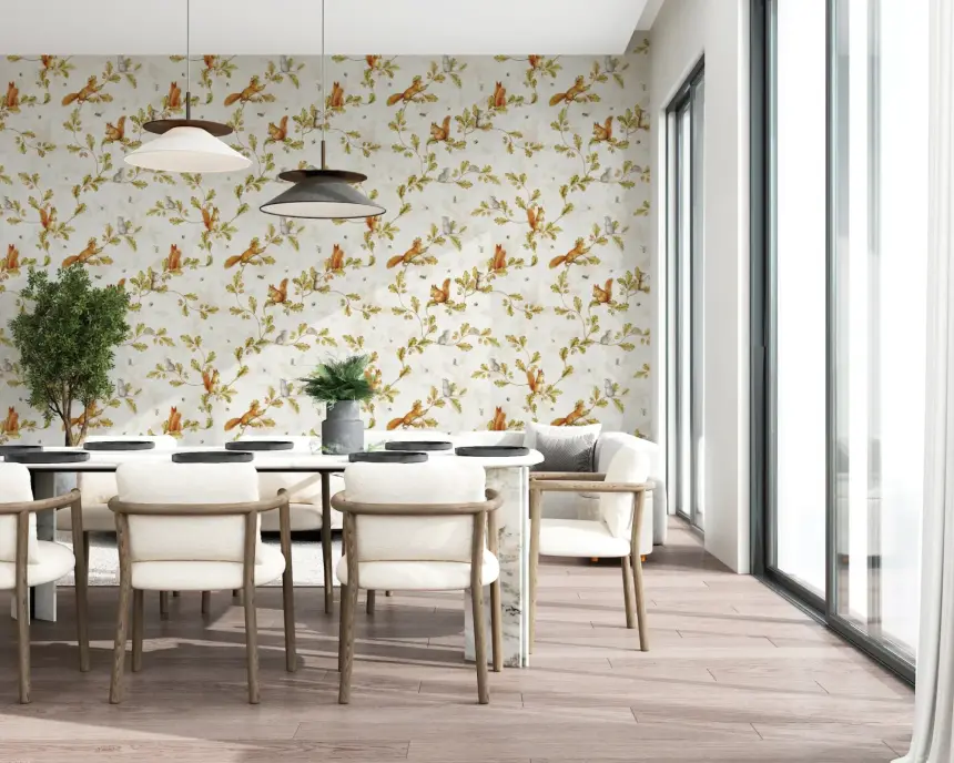 18TH Rococo Forest Chinoiserie with Squirrels and Mice on Oak Tree Branches Wallpaper