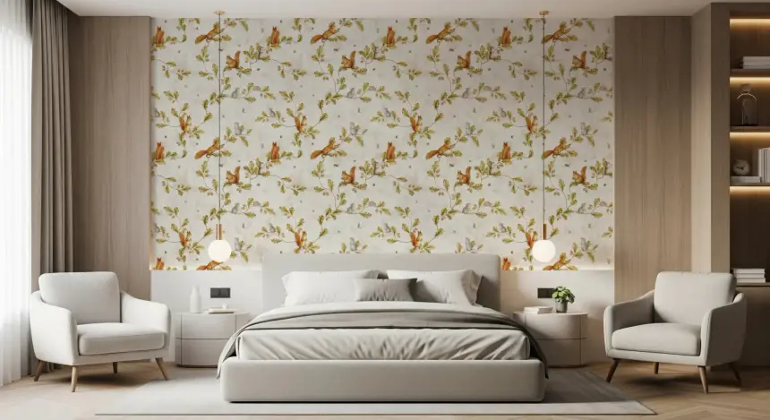 18TH Rococo Forest Chinoiserie with Squirrels and Mice on Oak Tree Branches Wallpaper