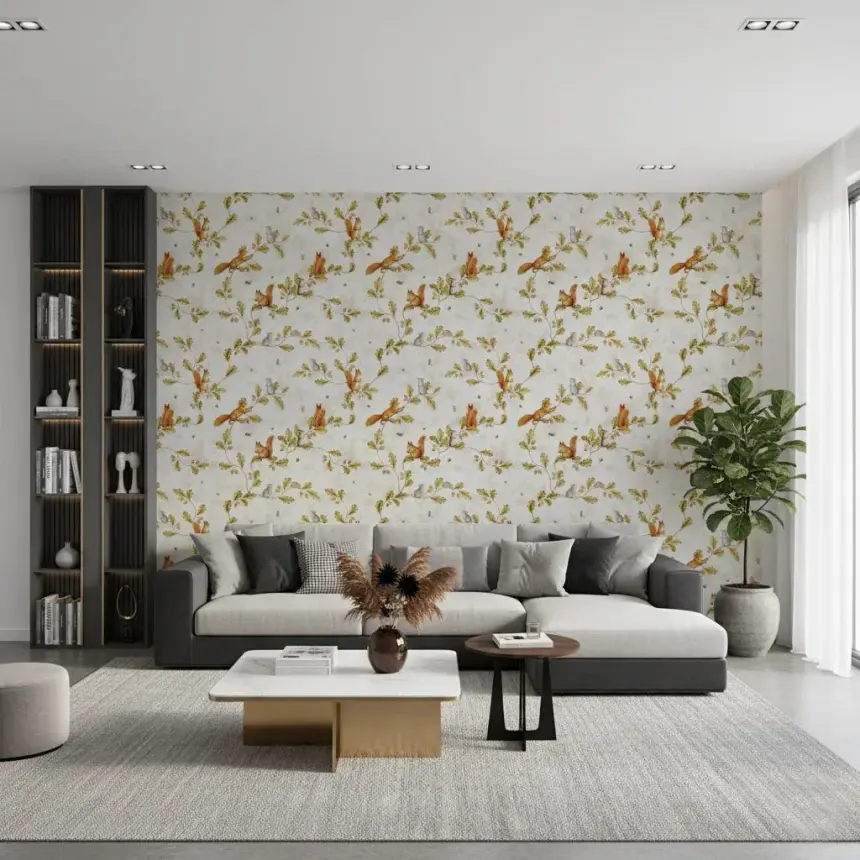 18TH Rococo Forest Chinoiserie with Squirrels and Mice on Oak Tree Branches Wallpaper