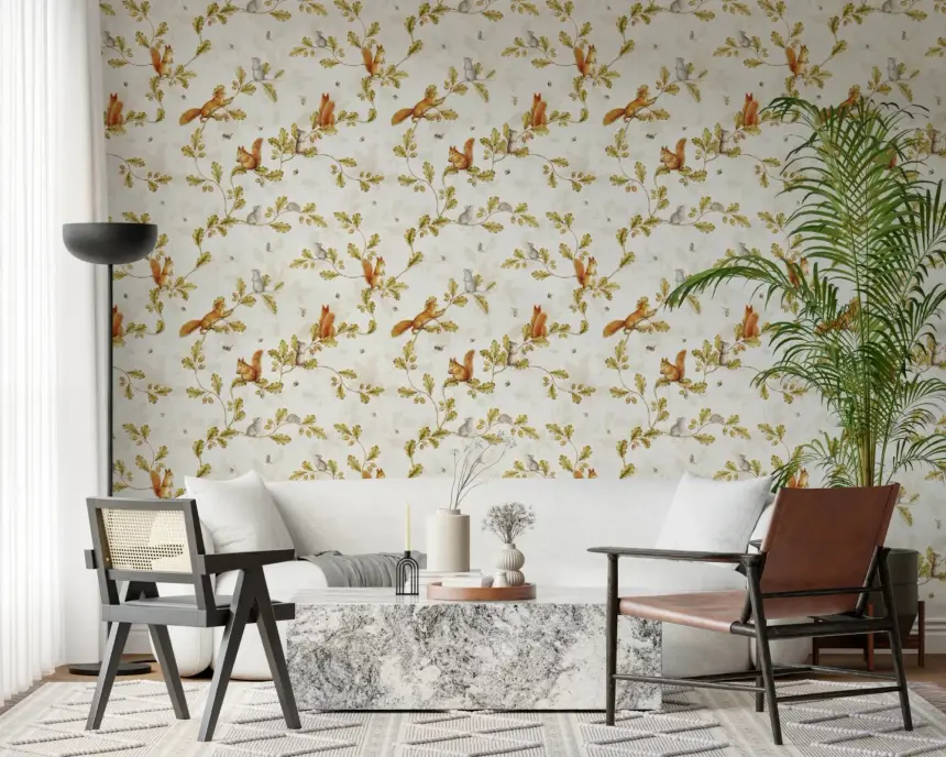 18TH Rococo Forest Chinoiserie with Squirrels and Mice on Oak Tree Branches Wallpaper