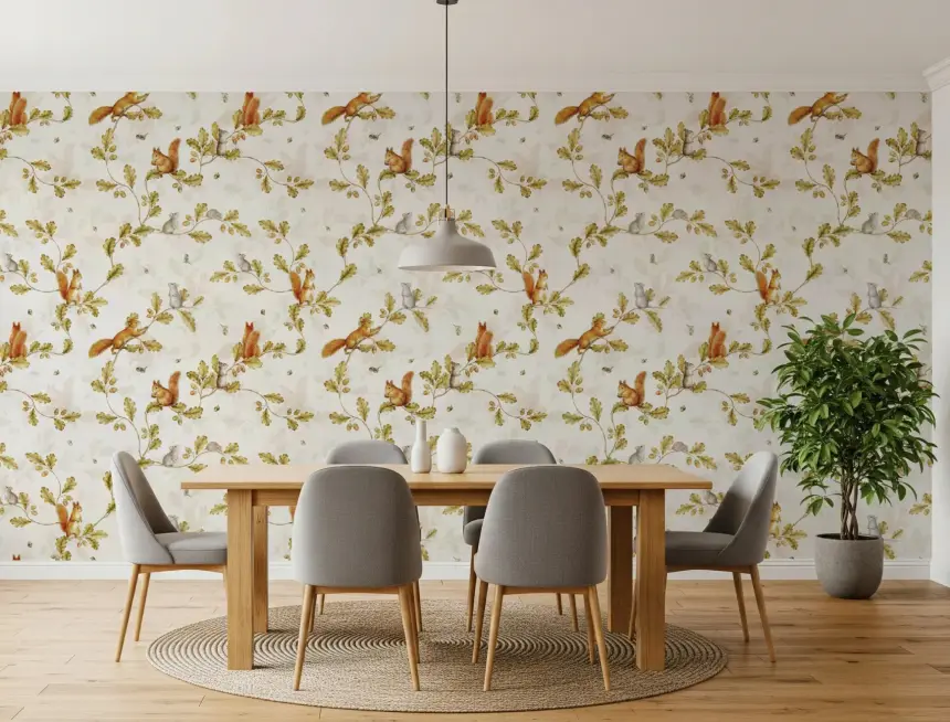 18TH Rococo Forest Chinoiserie with Squirrels and Mice on Oak Tree Branches Wallpaper