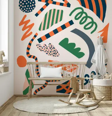 Abstract Shape Collage Orange Navy Green Wallpaper Mural