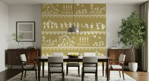 Warli Tribal Village Scene Wall Mural