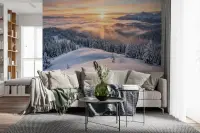 Golden Sun Rays Over Snowcapped Alpine Forest Wallpaper Mural