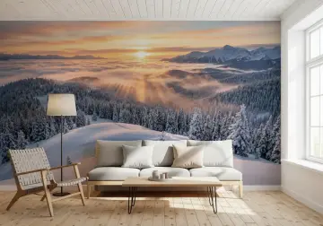 Golden Sun Rays Over Snowcapped Alpine Forest Wallpaper Mural