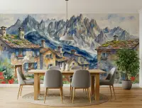 Watercolor Mountain Village Wall Mural
