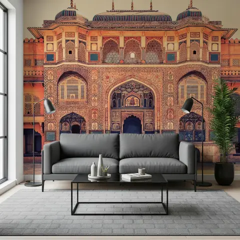 Terracotta Blue Ornate Rajasthani Palace Facade Wallpaper