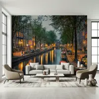 Twilight Canal Reflections Cityscape Wallpaper Mural