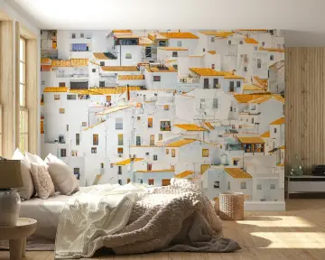 Whitewashed Village Hillside Wall Mural